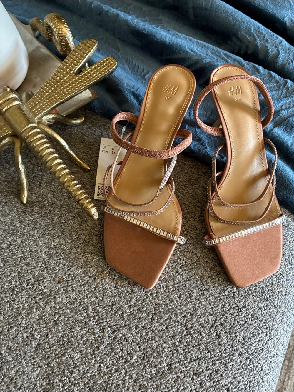H&M Tan Strappy Rhinestone Square-Toe Heeled Sandals